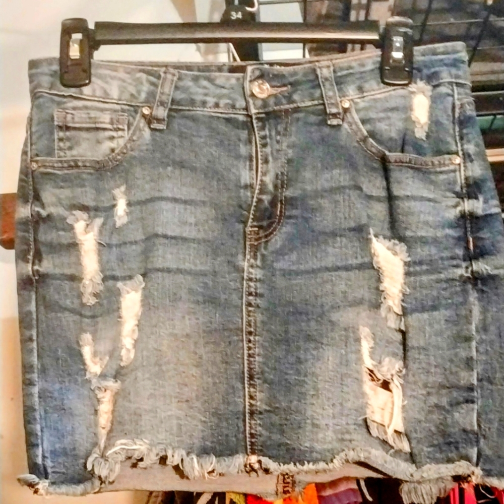 Wax Jean High Waisted  Distressed Jean Mini Skirt